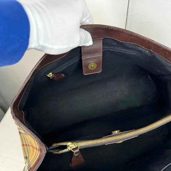 Burberry Nova Check Tote Bag Vintage House Check Canvas Leather Shoulder Bag - Picture 6 of 15